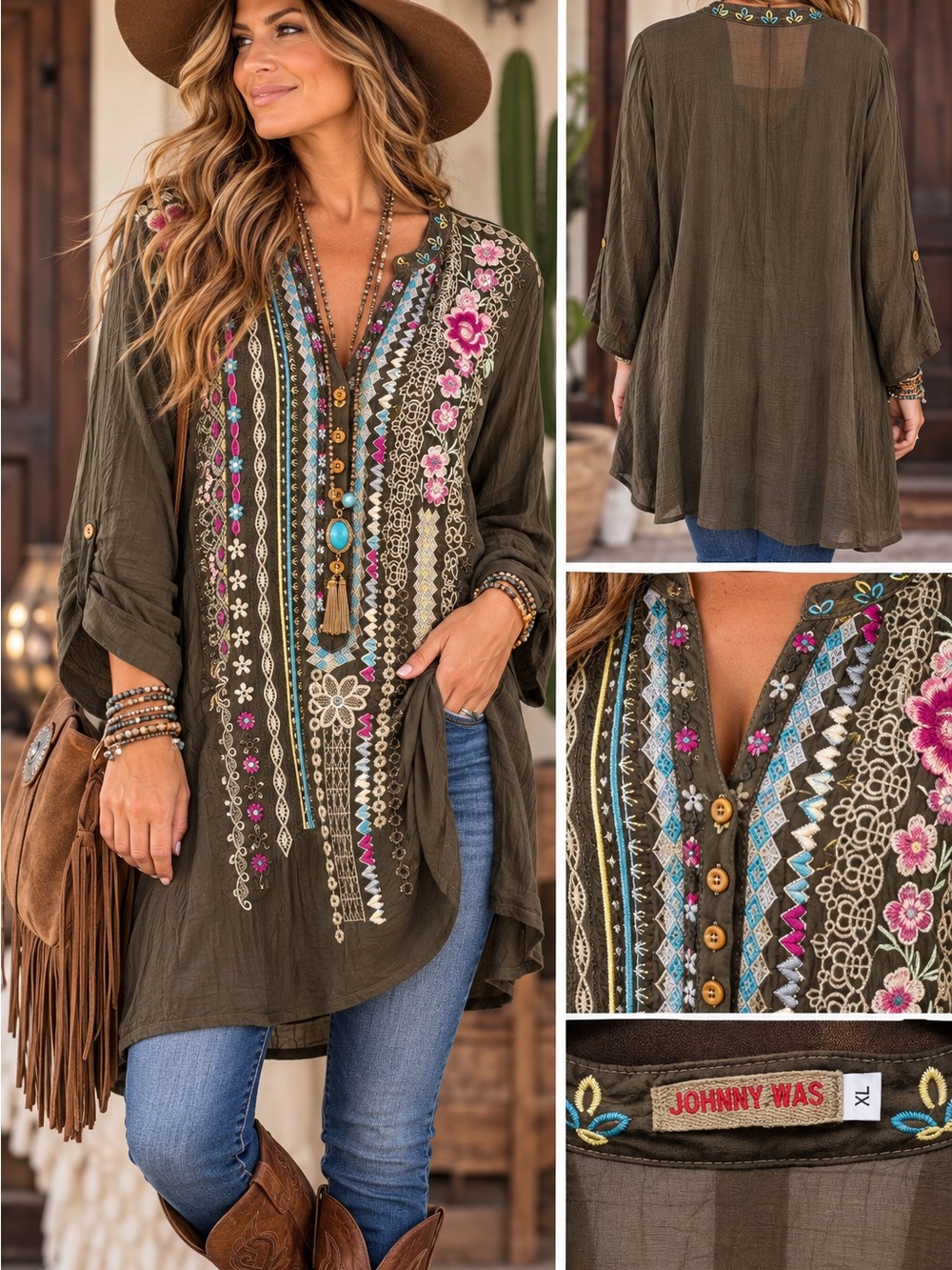 Johnny Was Olive Embroidered V-Neck Boho Tunic with Pink & Turquoise Accents XL